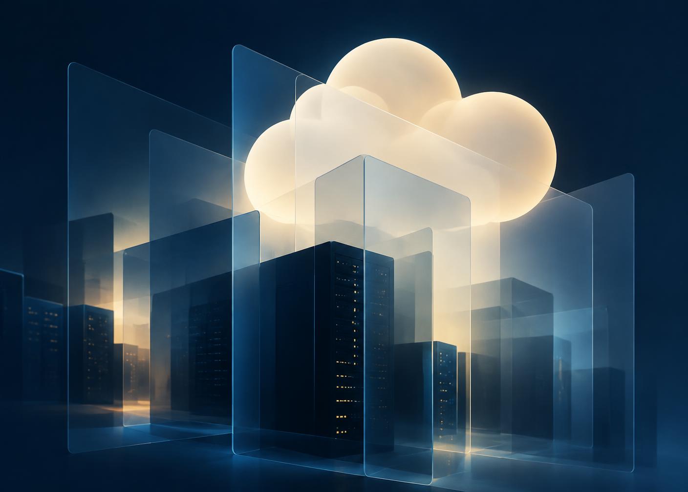 Layered abstract illustration of cloud platforms and server infrastructure