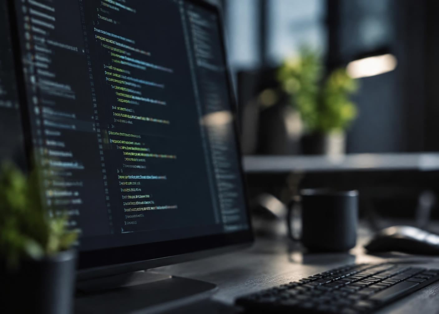 Programming code on a screen in a dimly lit development workspace