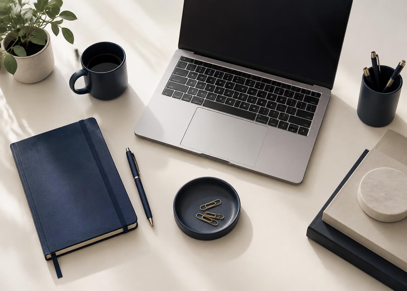 Minimal technology workspace with a laptop and notebook on a light desk